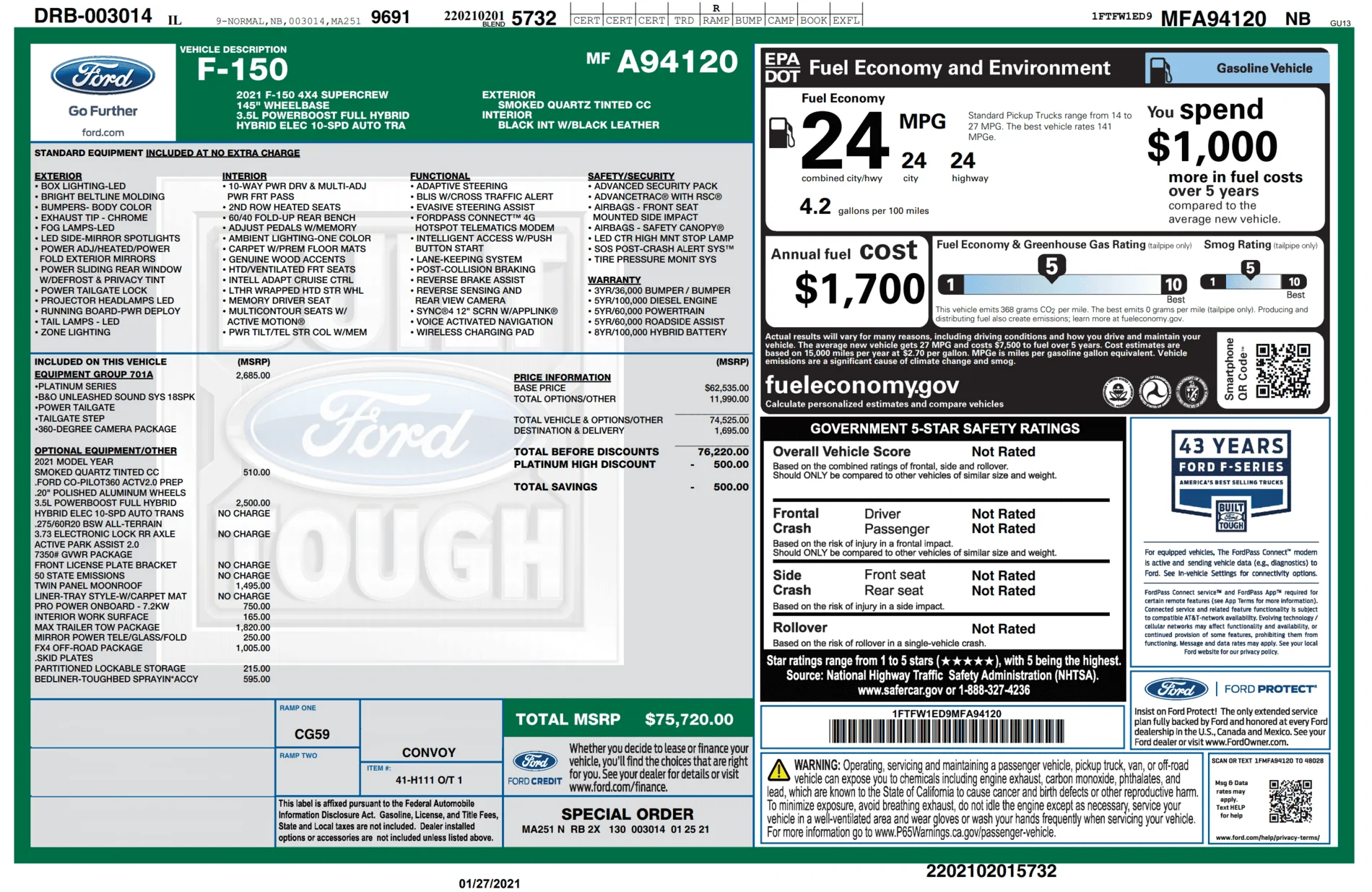 Ford F-150 Lightning GAWR (axle) stickers for regular/max tow and EB/PB Windo
