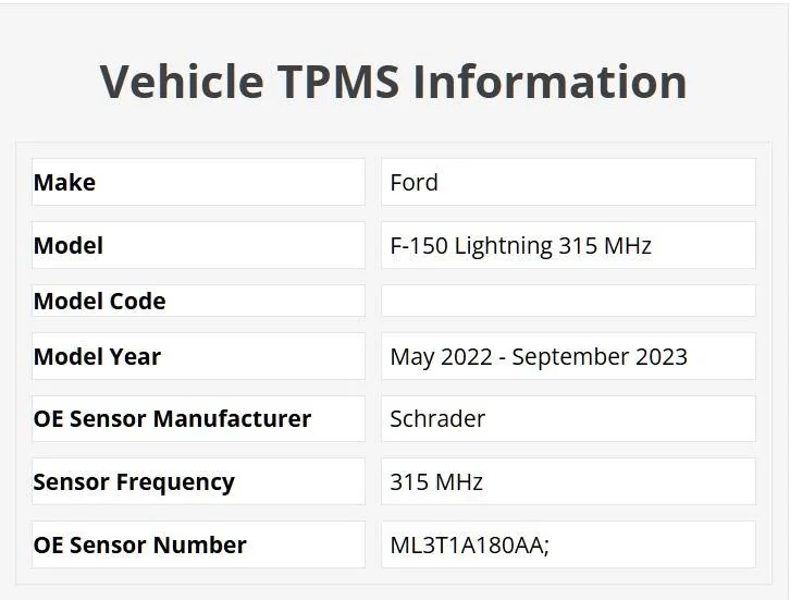 Ford F-150 Lightning TPMS frequency for Dec 2023 Lightning TPMS 0522-0923