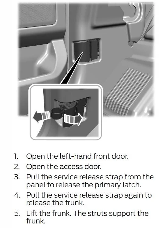 Ford F-150 Lightning Opening the tailgate or front trunk if the 12v battery is dead? open frunk manually from insid