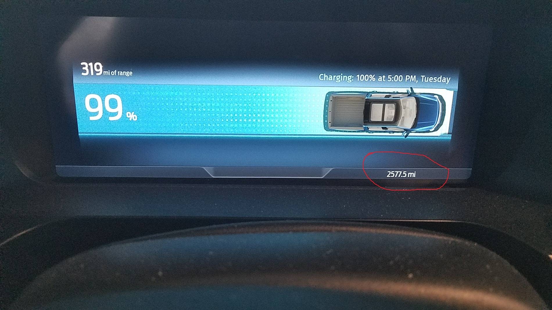 Ford F-150 Lightning Initial range after charge well below advertised range- 2025 Flash 100% charge nov 18-2023  319 miles