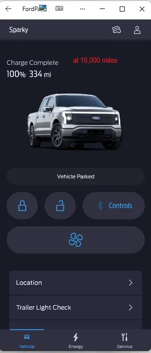 Ford F-150 Lightning Initial range after charge well below advertised range- 2025 Flash 100% charge May 2025 334 miles