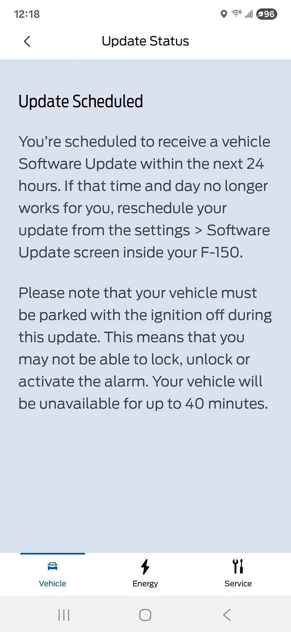 Ford F-150 Lightning Schedule notice for update message 1000001243