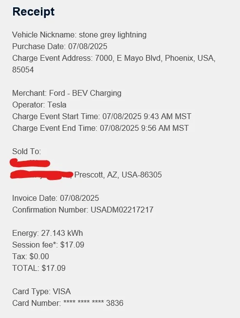 Ford F-150 Lightning Double charged by both ford and tesla at tesla station  Ford says basically "your loss" fordReceipt