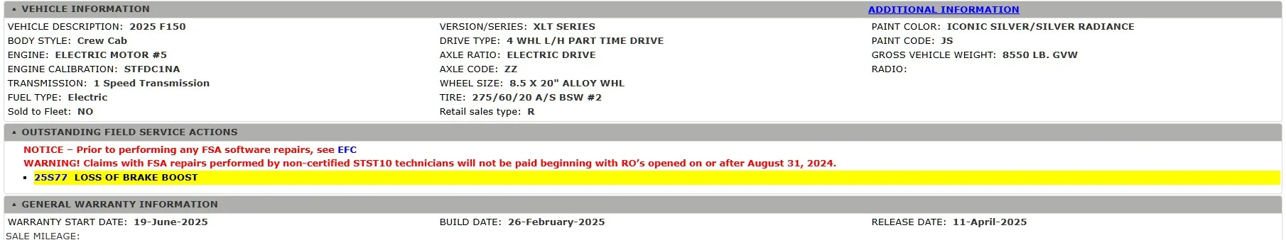 Ford F-150 Lightning Loss of brake boost -Issue Date 2025-08-13 Campaign 25S77/25V488 2025lightningbrakeboosterrecall
