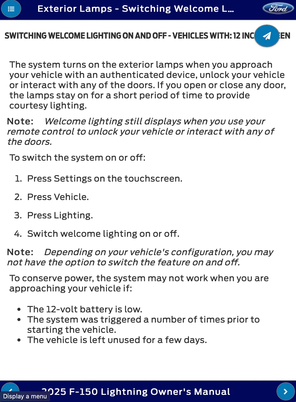 Ford F-150 Lightning Welcome lighting/ Illuminated Entry not working and no option in settings to enable. 1755739282969-2v