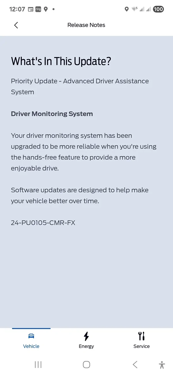 Ford F-150 Lightning Priority Update: 24-PU0105-CMR-FX. Driver Monitoring System Screenshot_20250823_000752_FordPass