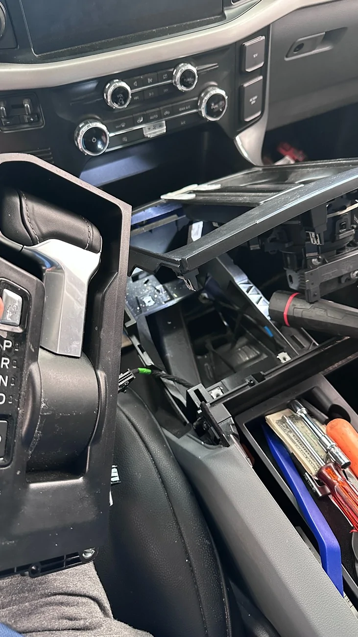 Ford F-150 Lightning SUCCESS! ROTARY DIAL installation with  12" screen - without removing upper trim Removed SHIFTER ASSEMBLY