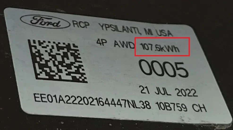 Ford F-150 Lightning Footprint of 131Kwh battery vs 98 kw battery battery part label 107.6 kwh