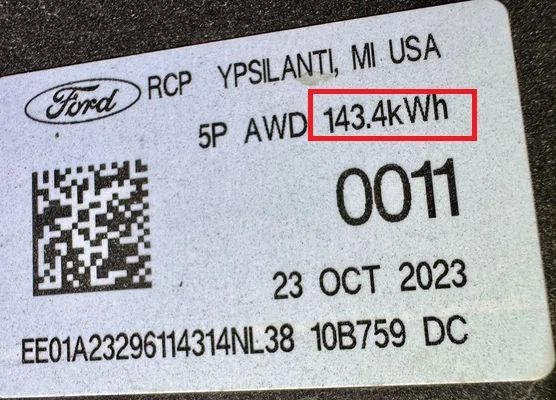 Ford F-150 Lightning Footprint of 131Kwh battery vs 98 kw battery battery part label 143.3 kwh