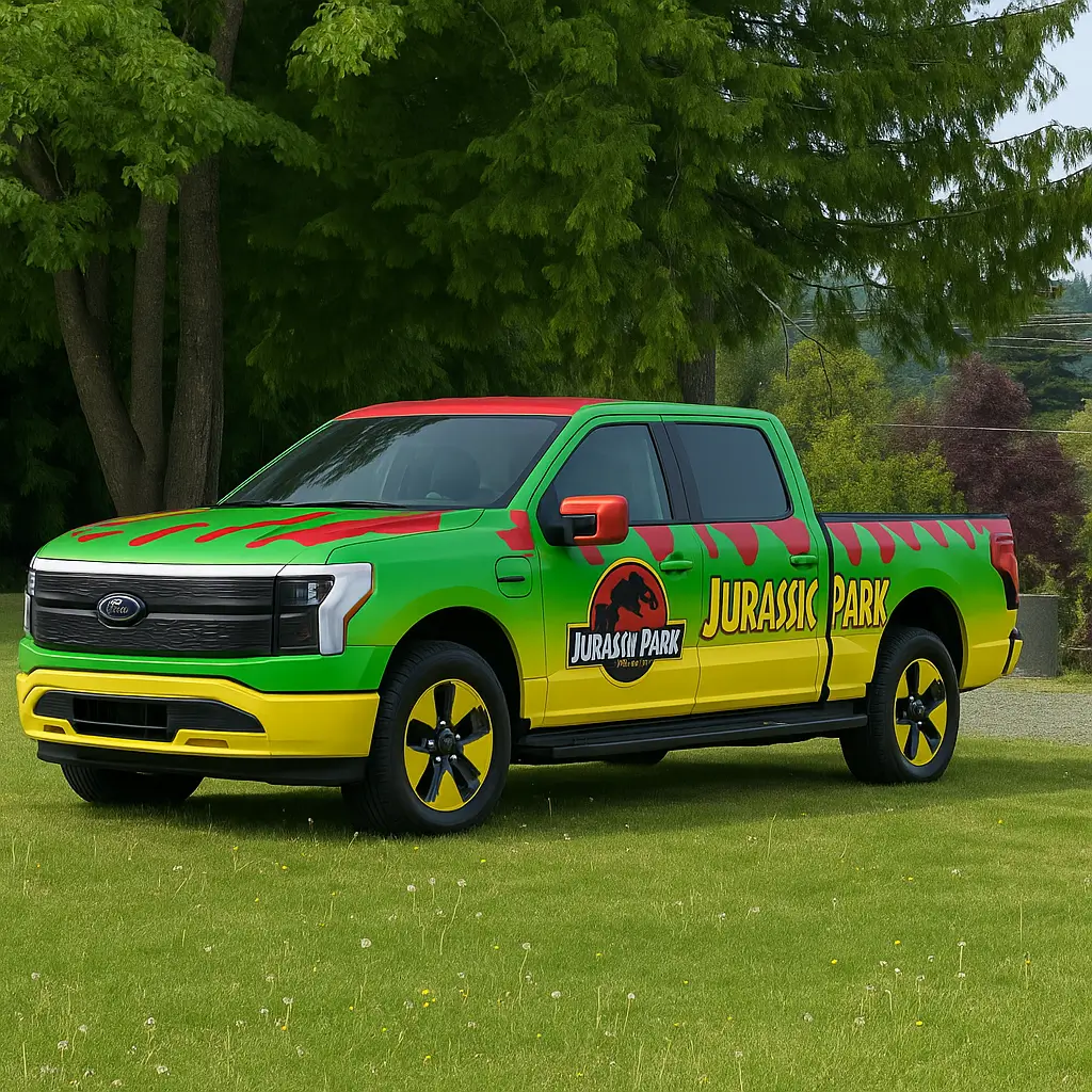 Ford F-150 Lightning Fun AI Images of Your Lightning - Try This and Post Yours! Jurassic Park Ford F-150 in Natur