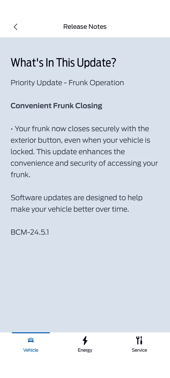 Ford F-150 Lightning Priority Update - BCM-24.5.1 - Convenient Frunk Closing Screenshot_20250918-163928