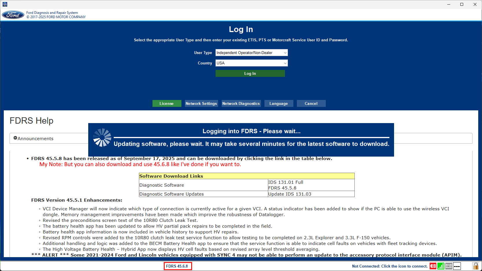 Ford F-150 Lightning Lightning Software Updates using FDRS FDRS_45-6-8_Login_page