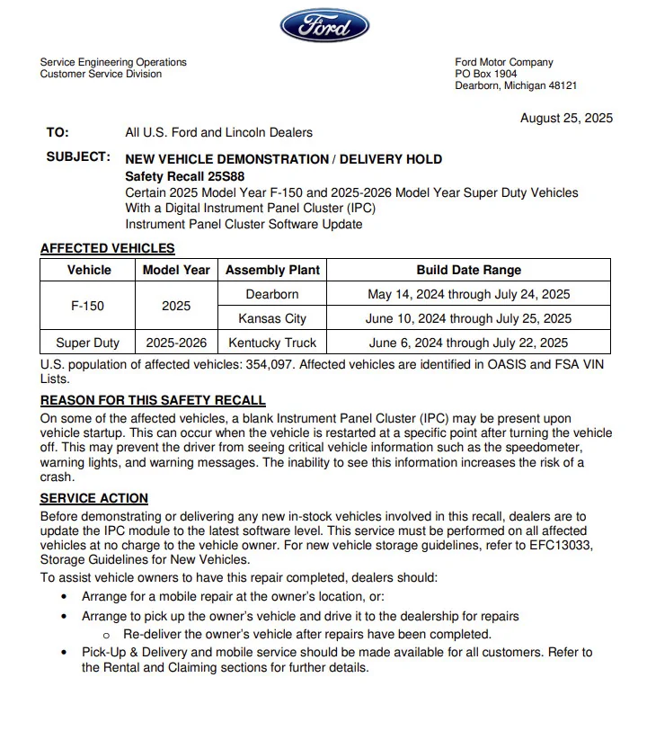Ford F-150 Lightning IPC Recall - 2025 Models IPCrecall
