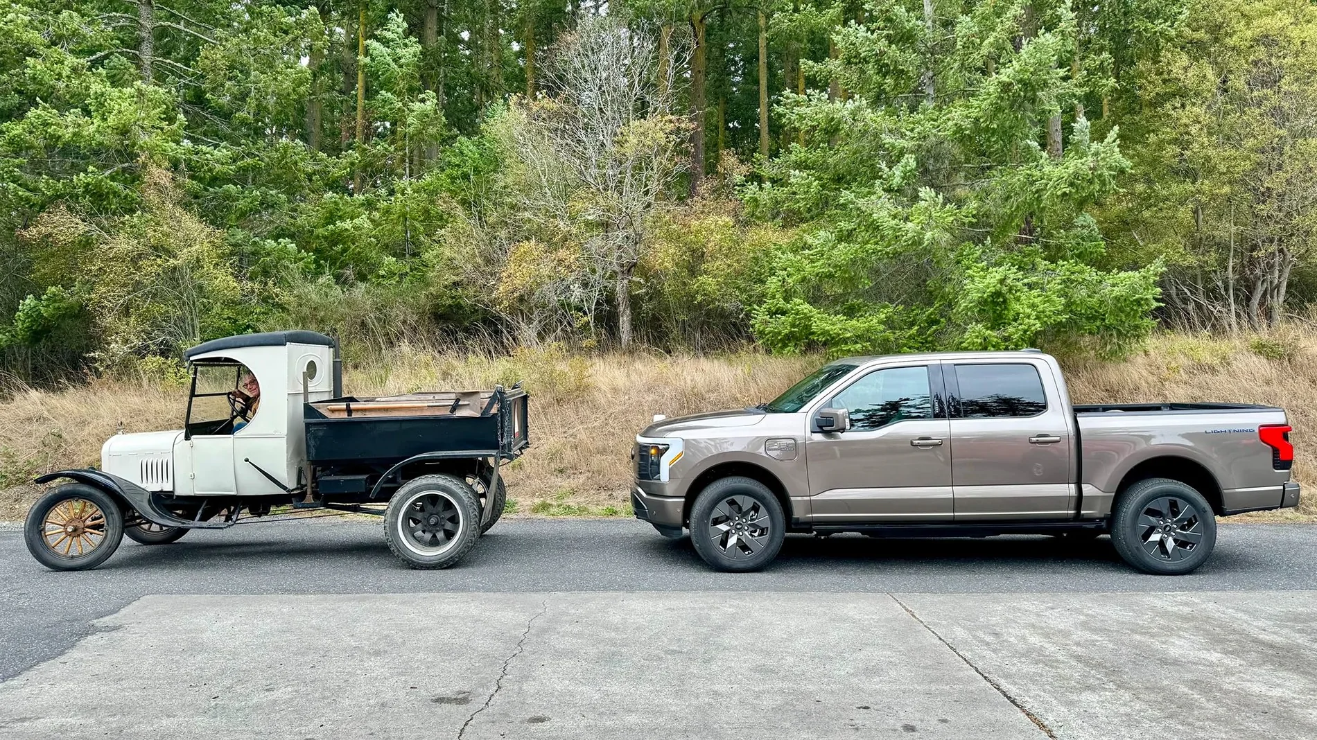 Ford F-150 Lightning 1950 F-1 and 2023 F-150 Lightning hanging out 1923 - 2023 Ford picku