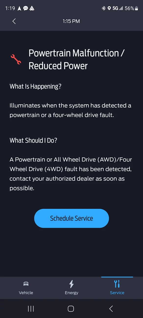 Ford F-150 Lightning powertrain malfunction with 100% power. Screenshot_20251013_131902_FordPass