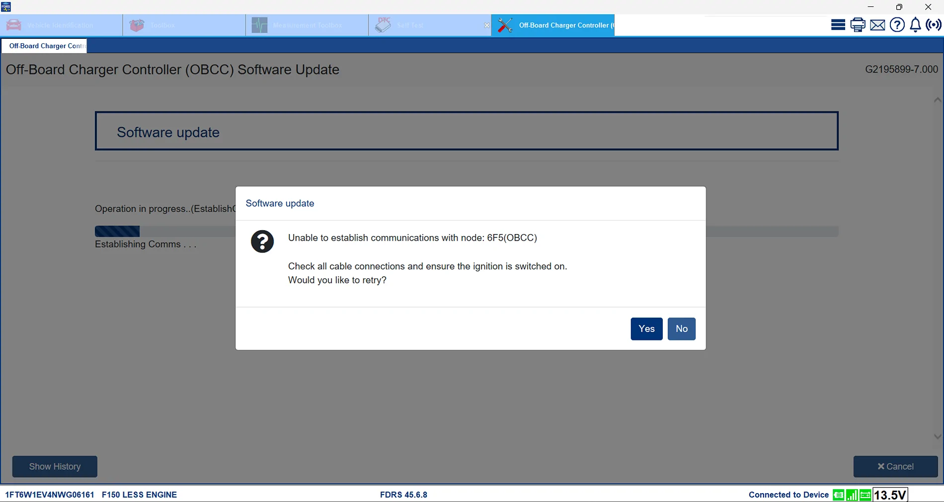 Ford F-150 Lightning Lightning Software Updates using FDRS OBCC_update_error_comms