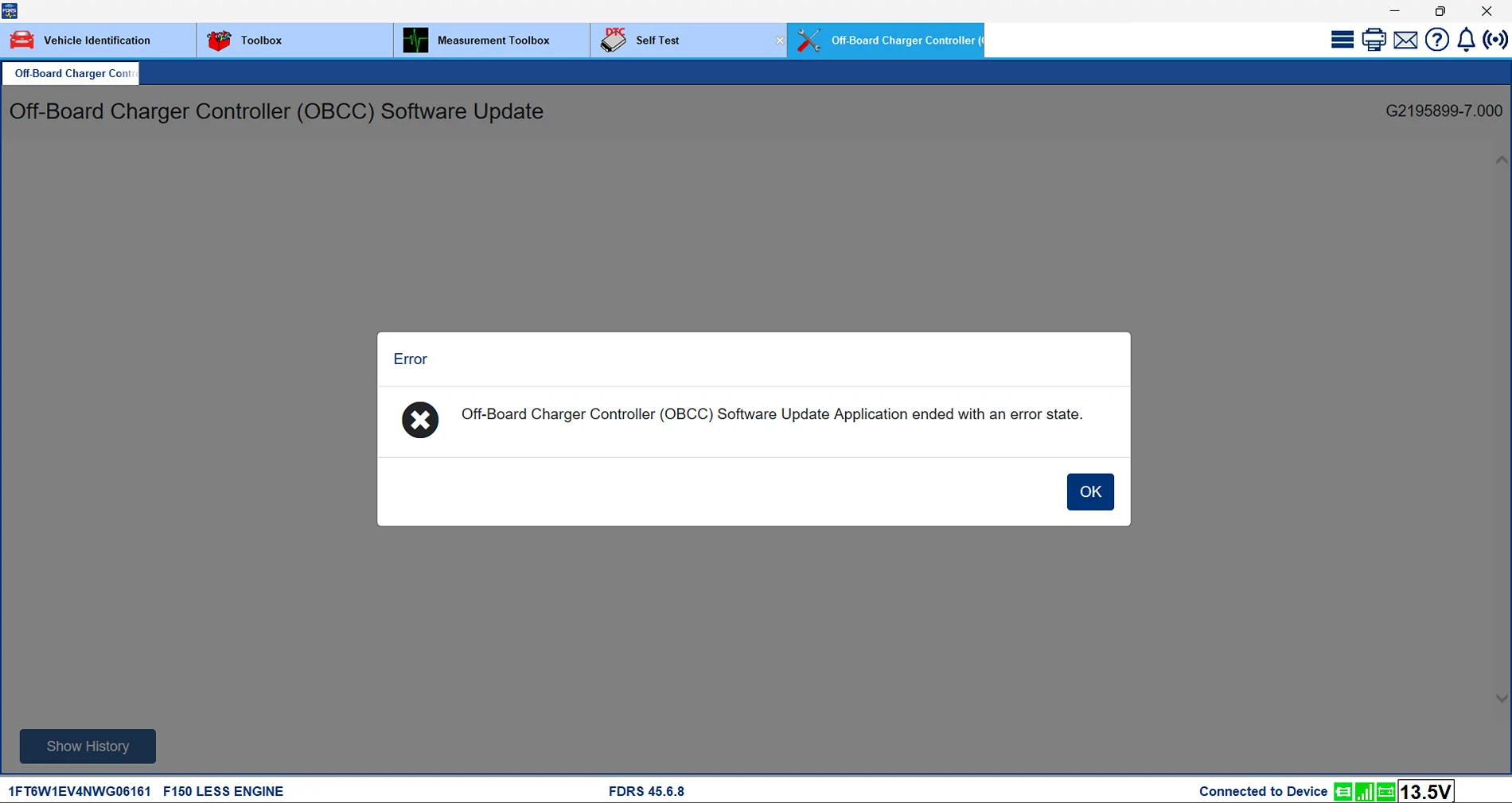 Ford F-150 Lightning Lightning Software Updates using FDRS OBCC_update_error