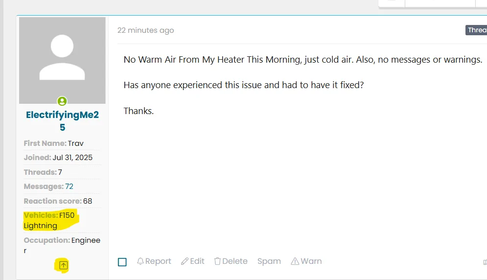 Ford F-150 Lightning No Warm Air From My Heater This Morning 1761836127872-my