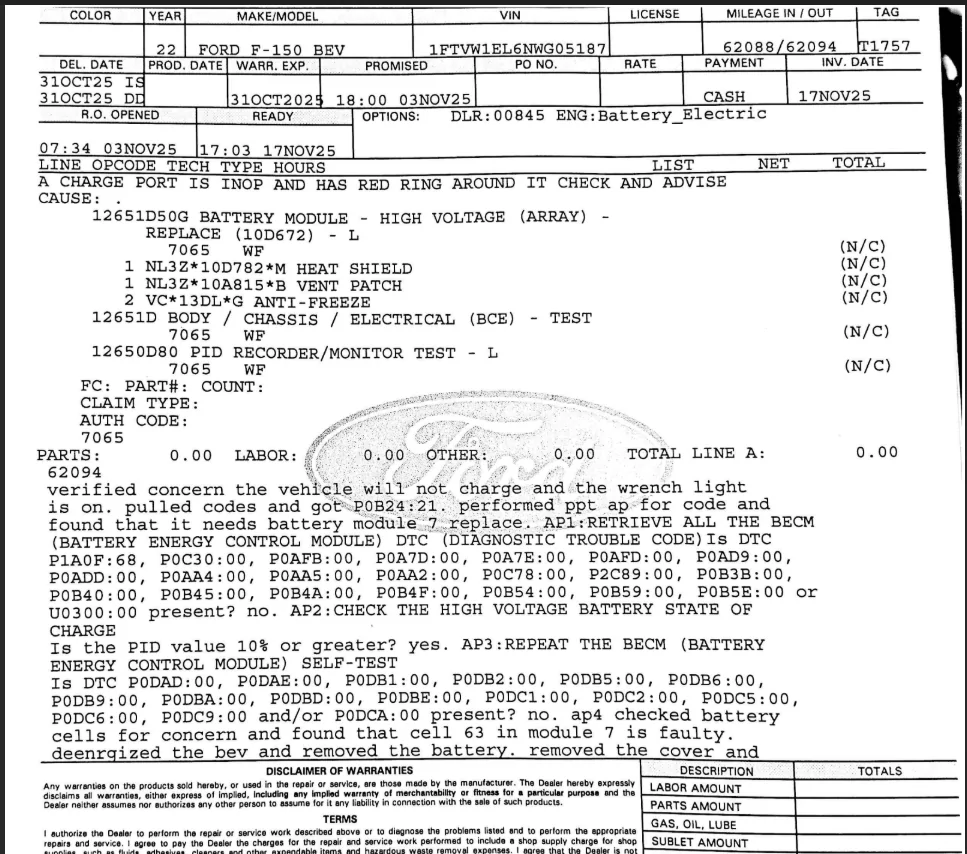 Ford F-150 Lightning SUCCESS: Battery Pack MODULE Replacement:  '22 Pro SR @ 62,000 miles Screenshot 2025-11-17 5.47.51 PM