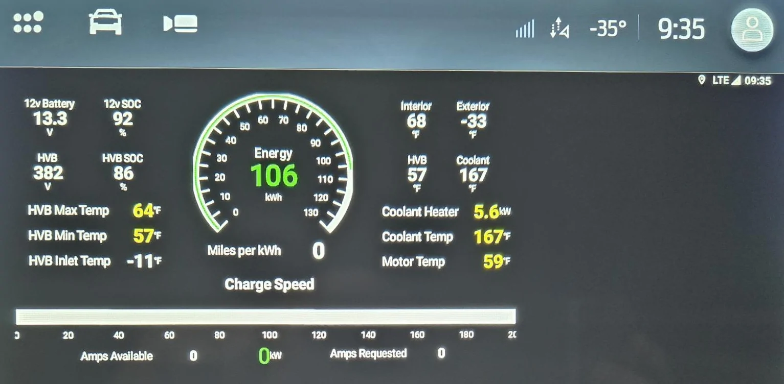 Ford F-150 Lightning 2.5 Hours around town at -35F - Some Statistics 0935 15 Minutes Driving