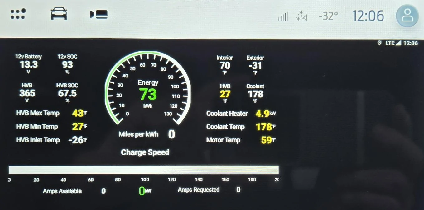 Ford F-150 Lightning 2.5 Hours around town at -35F - Some Statistics 1205 35 Minutes Drive 100 Idl