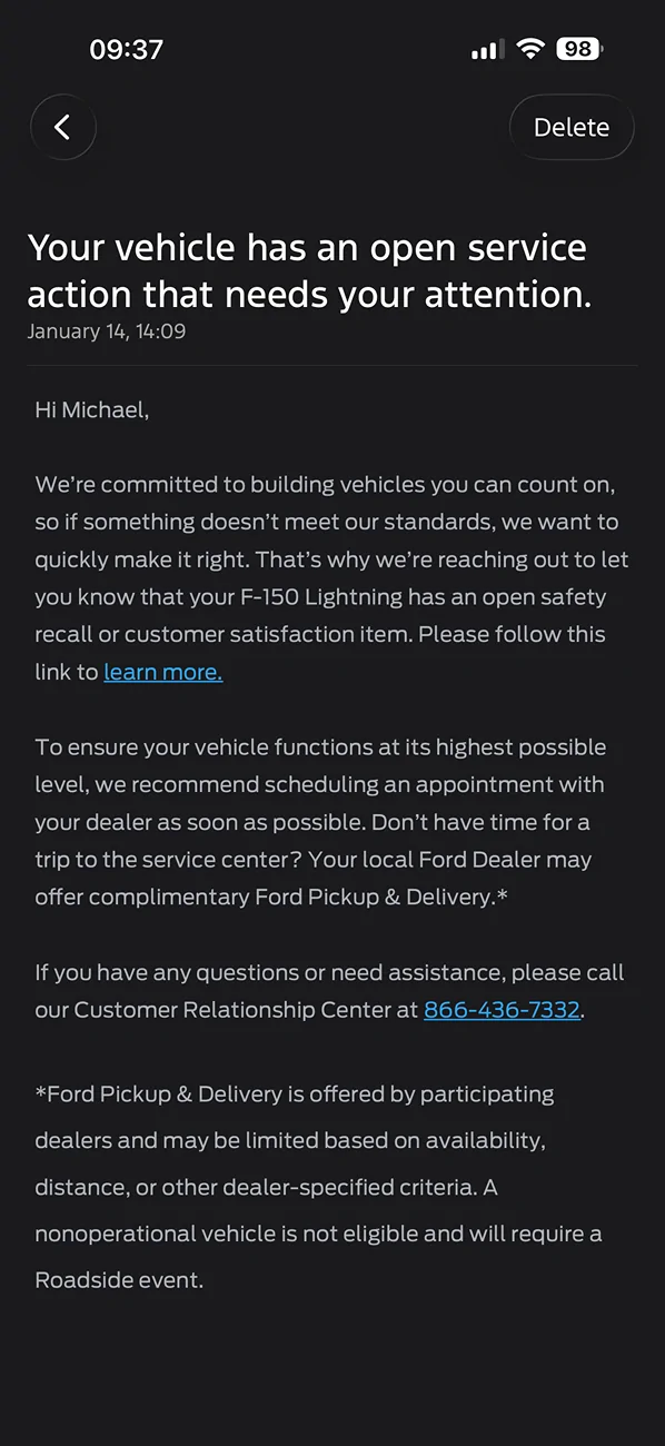 Ford F-150 Lightning Ford app service action fail (mixed messaging) Ford_app_messag