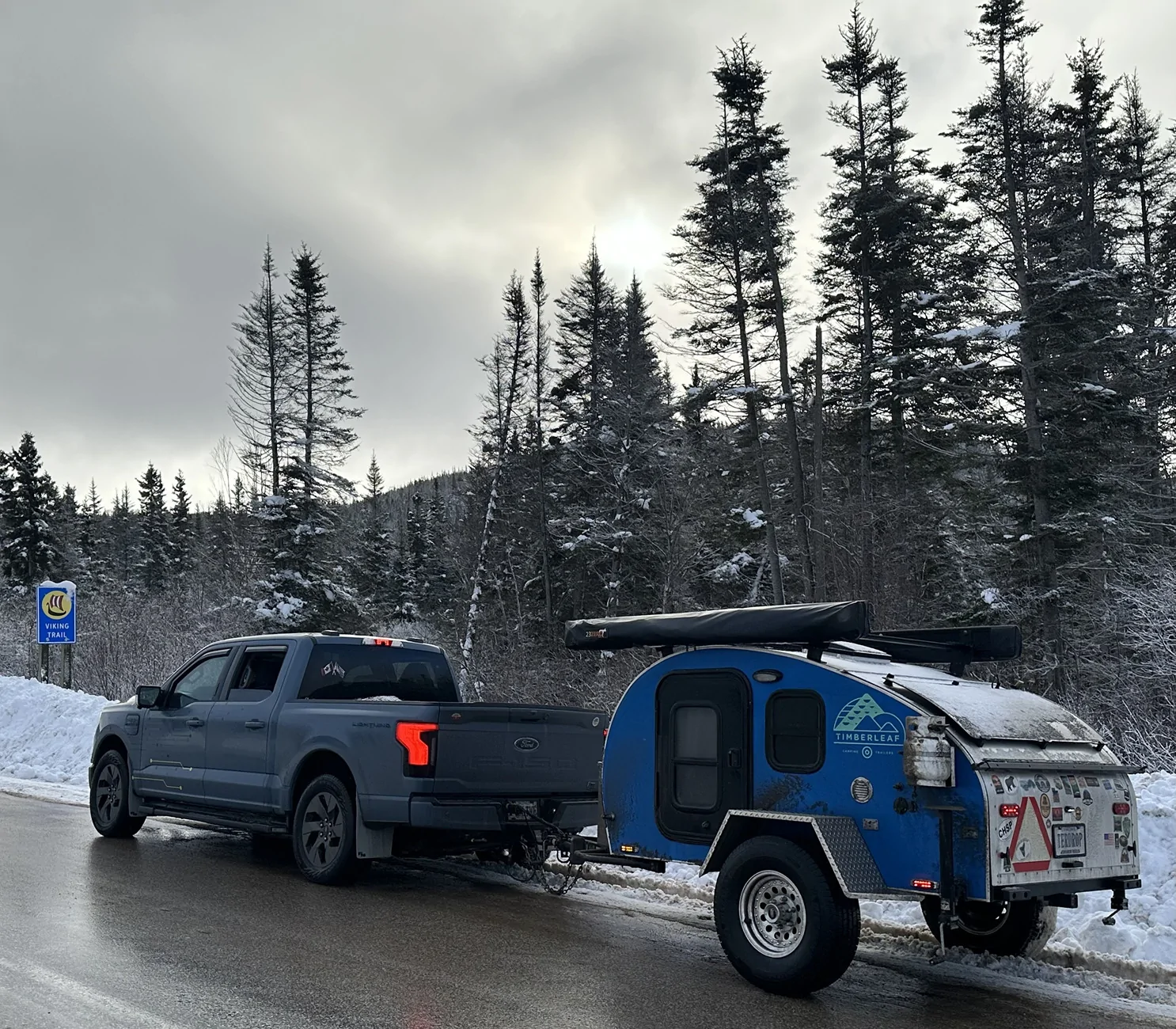 Ford F-150 Lightning Newfoundland, Canada in December = two blizzards, three moose and four herds of caribou. Viking trail sign