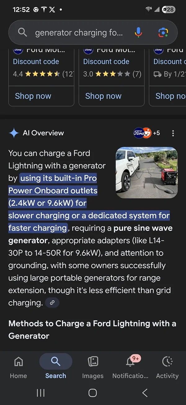 Ford F-150 Lightning True? "You can charge a Ford Lightning with a generator by using its built-in Pro Power Onboard outlets (2.4kW or 9.6kW)" Screenshot_20260117_005214_Googl