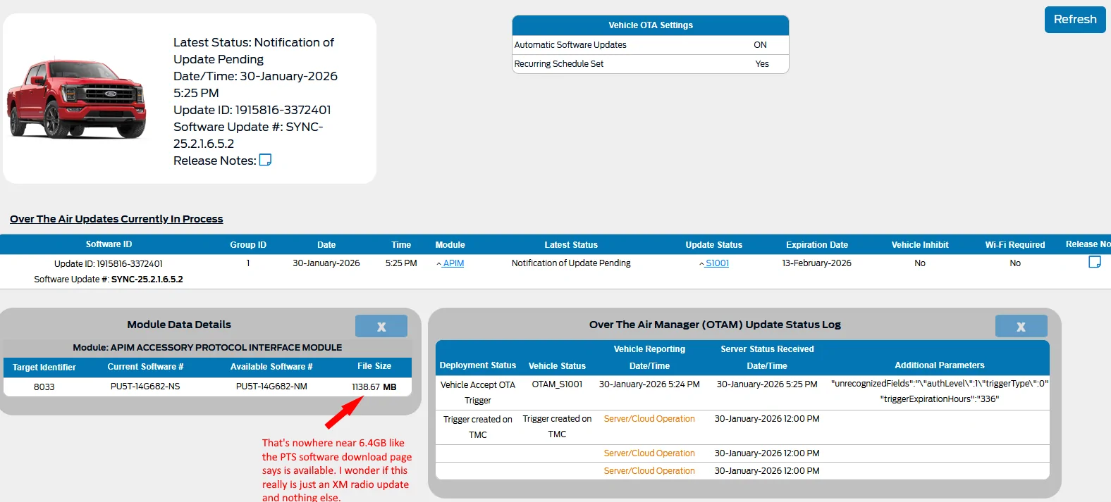Ford F-150 Lightning SYNC-25.2.1.6.5.2: SiriusXM Improvements APIM_OTA_Pending_31_Jan_26