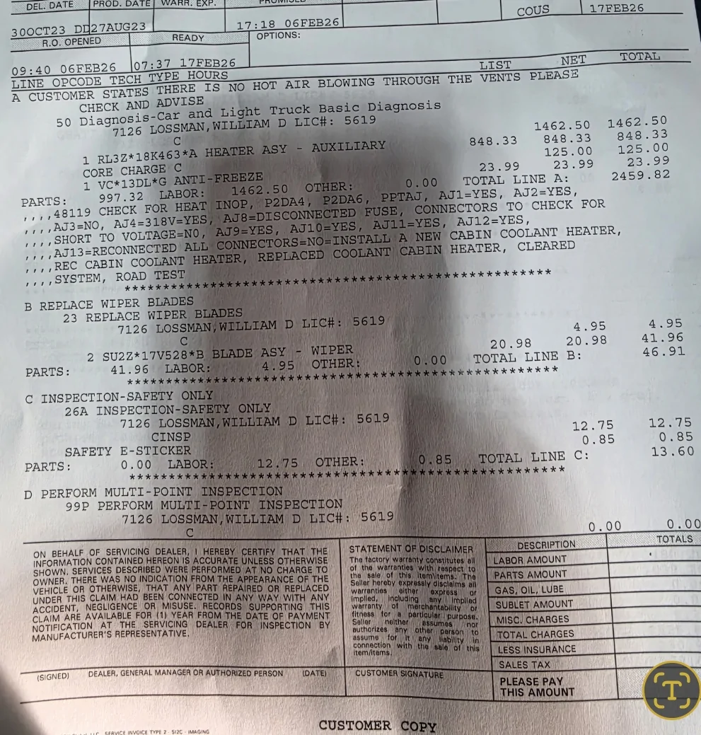 Ford F-150 Lightning 023 Lightning (Build 08/23) – No Heat / No Defrost Heat – Dealer says “failed heater assembly” (any insight?) AISelect_20260217_184749_Gallery