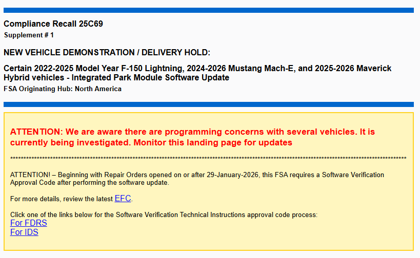 Ford F-150 Lightning 25C69 Recall - Ford Recalls 2022-2026 F-150 Lightning Over Rollaway Risk TSB_25C69_PTS_Supplement_17-Feb-26