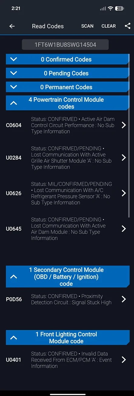 Ford F-150 Lightning Powertrain Malfunction / Reduced Power caused by air dams BlueDriverScreenshot
