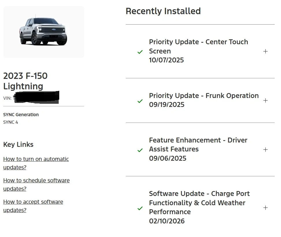 Ford F-150 Lightning My Last update 8/2025 Convenient Frunk - Has Ford stopped sending out updates? Screenshot 2026-02-23 172826