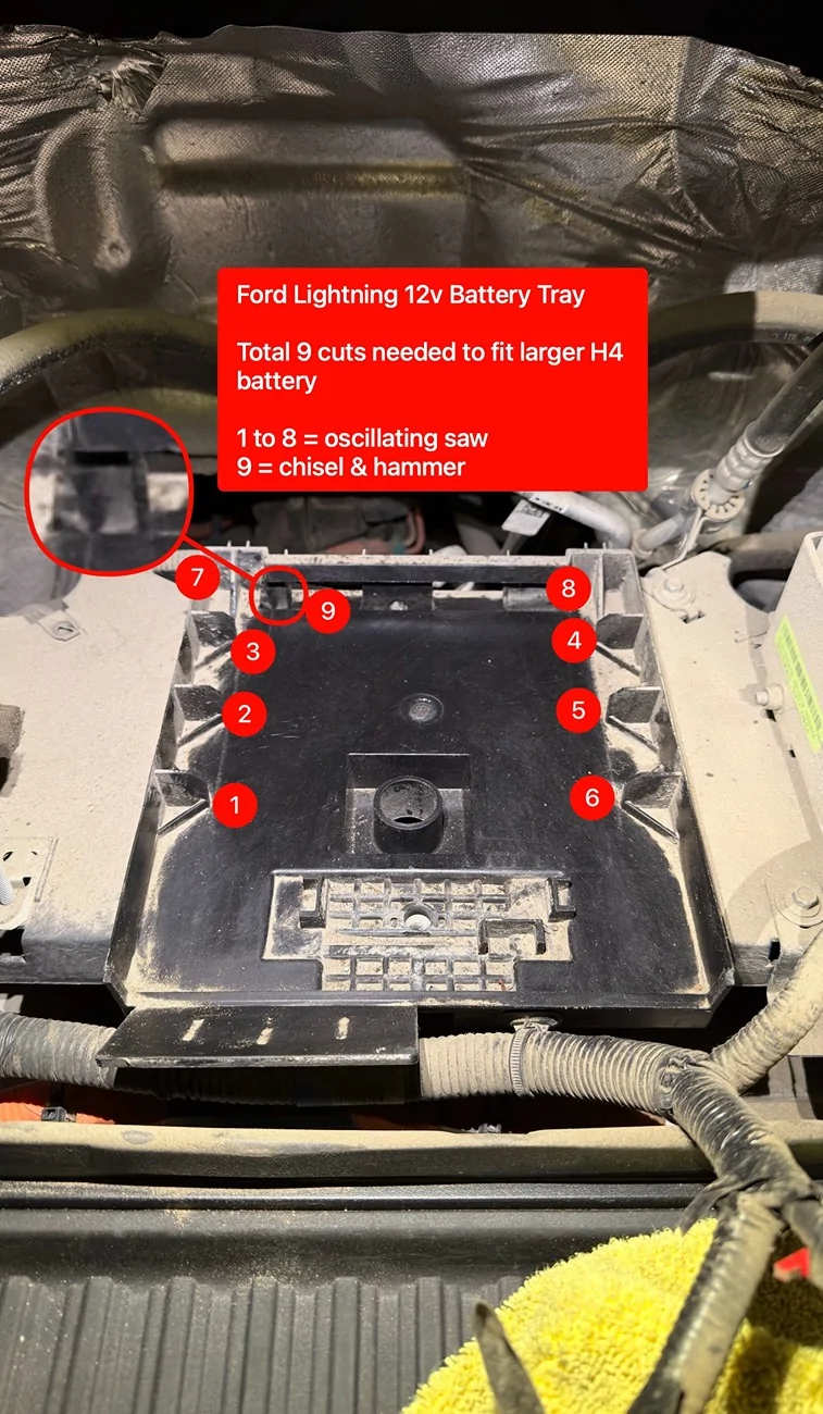 Ford F-150 Lightning 12V Battery replacement with H4 3-Cuts-Befor