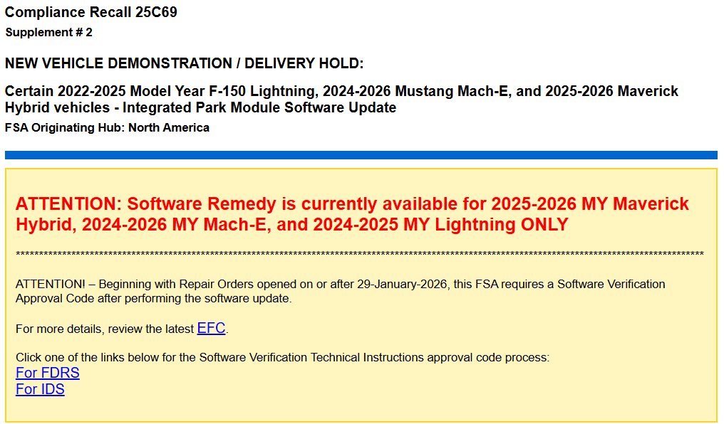 Ford F-150 Lightning 25C69 Recall - Ford Recalls 2022-2026 F-150 Lightning Over Rollaway Risk 25S69_26Mar26