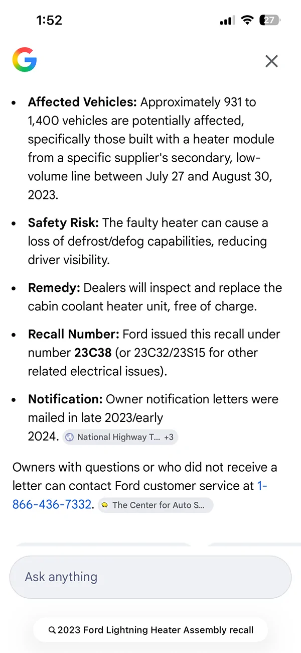 Ford F-150 Lightning 023 Lightning (Build 08/23) – No Heat / No Defrost Heat – Dealer says “failed heater assembly” (any insight?) IMG_0690