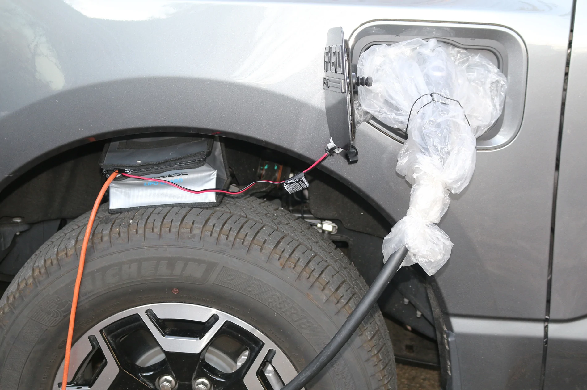 Ford F-150 Lightning Bad weather charging cover IMG_6018-battery bag on tir