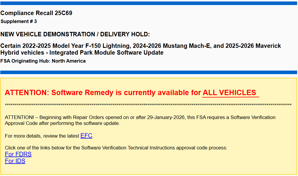 Ford F-150 Lightning Before You Schedule an Appointment for the Recall 25C69 (IPM) Fix -- make sure your dealer has the actual software update needed 25C69_Remedy-avail