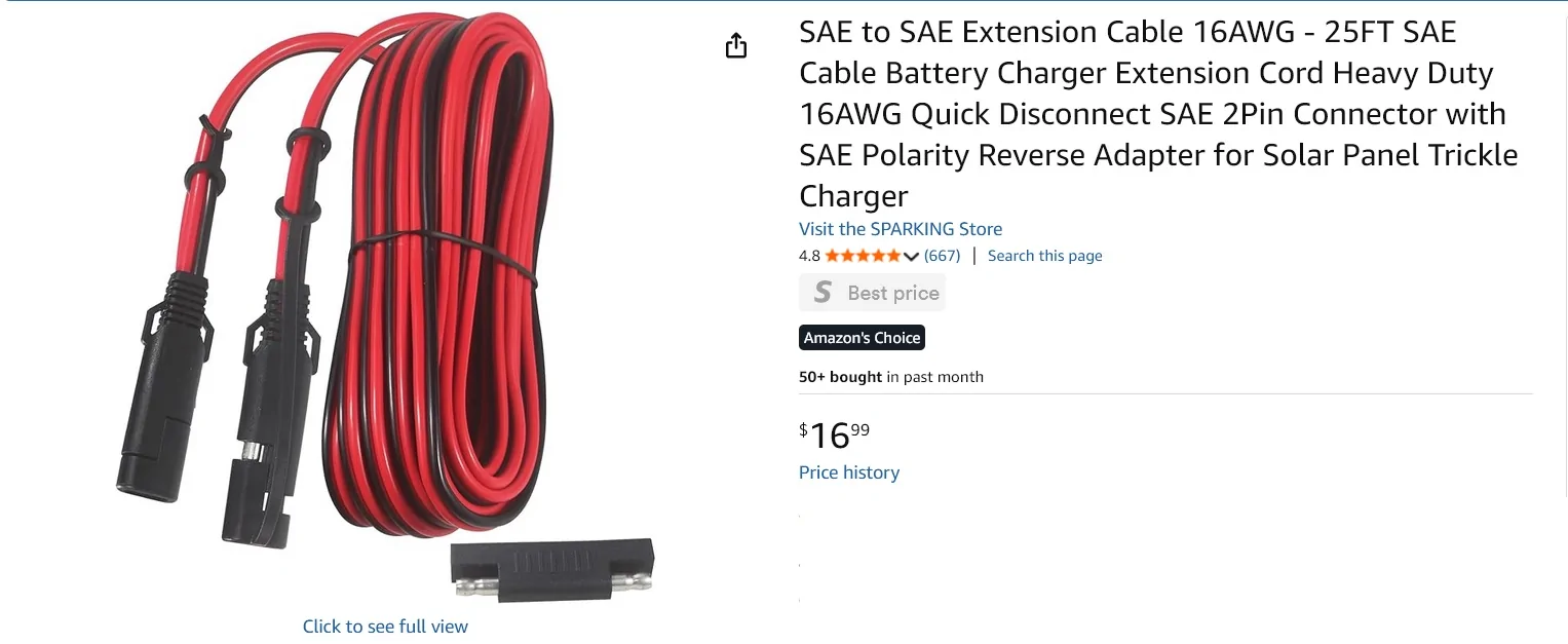 Ford F-150 Lightning Battery Maintainer / Trickle Charger 25 ft SAE-SAE extension cord