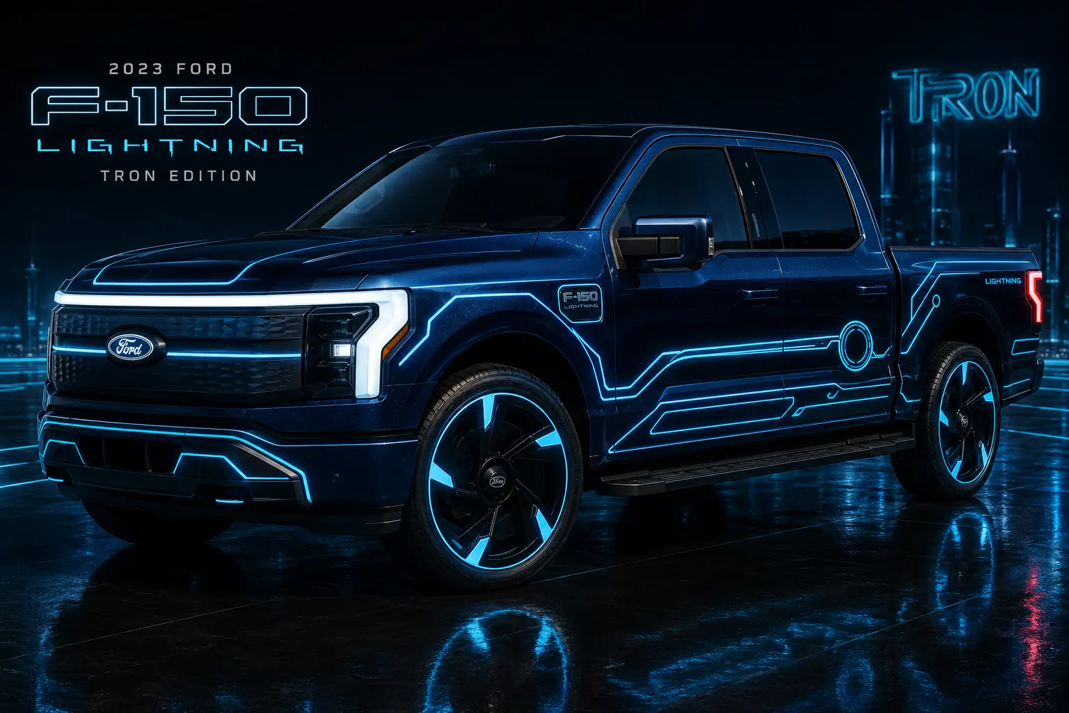Ford F-150 Lightning Thoughts on Tron themed graphics ChatGPT f150 blue tron