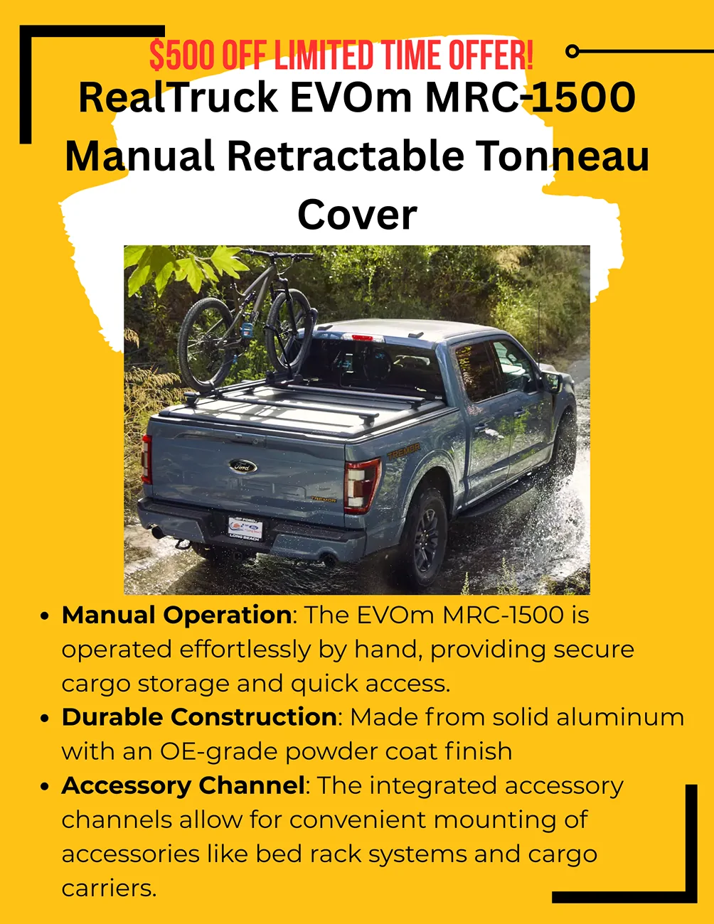 Ford F-150 Lightning Limited Time Offer: $500 Off EVOm MRC-1500 Manual Retractable Tonneau Cover 1784134250588-9c