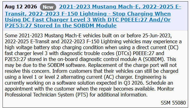Ford F-150 Lightning SSM 55080 Some 2022-2023 Lightning may stop charging on DC fast charger SSM_55080