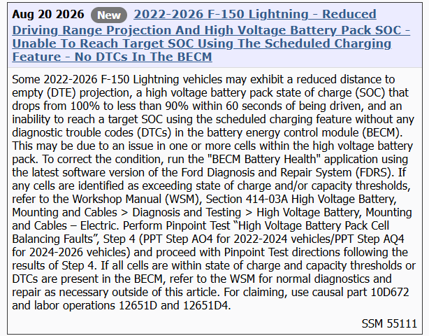 Ford F-150 Lightning SSM 55111 Reduced Driving Range due to Possible Battery Cell Issue SSM_55111_banner
