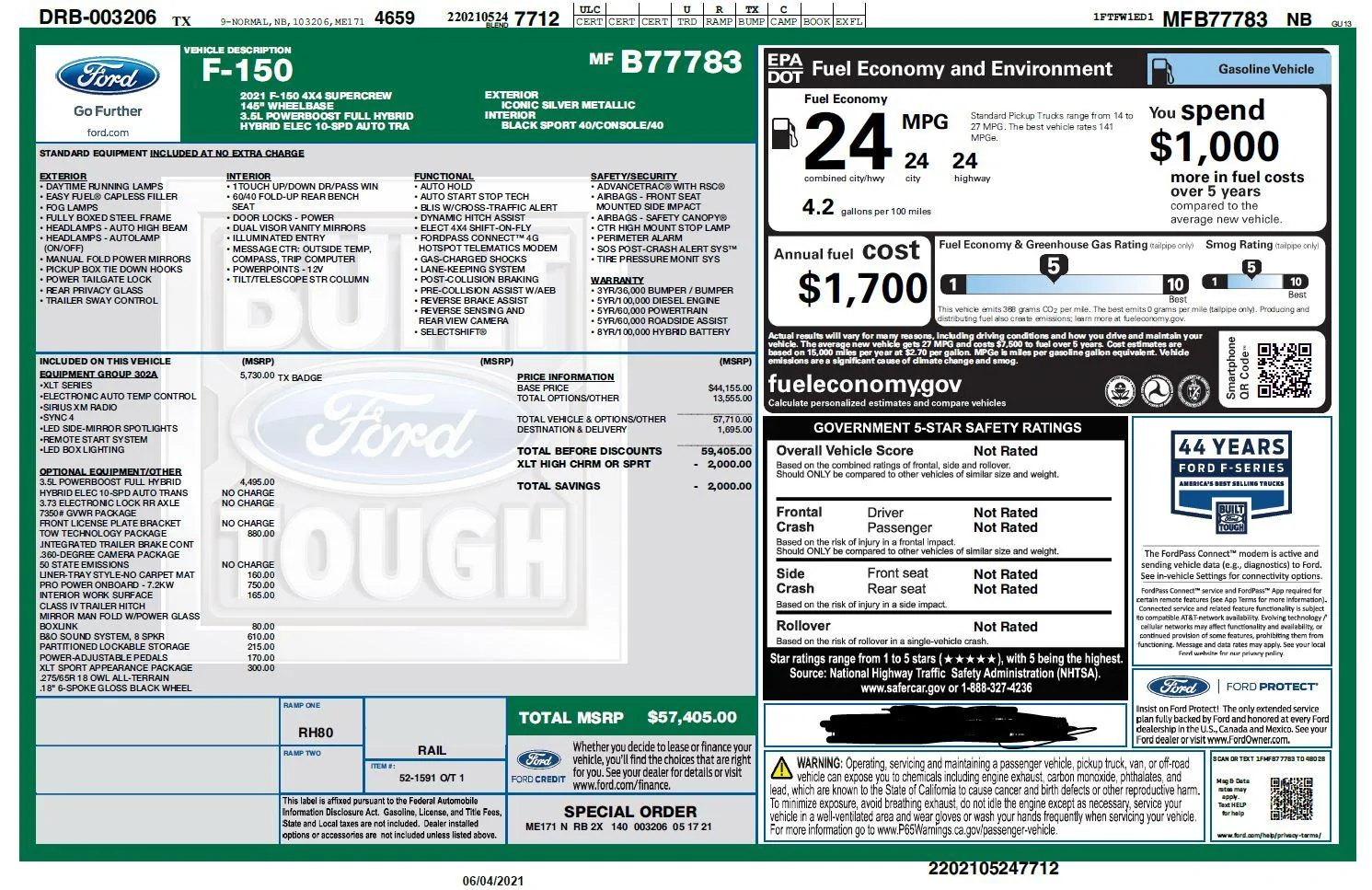 Ford F-150 Lightning 2021 F-150 Payload Stickers Window Sticker Marku