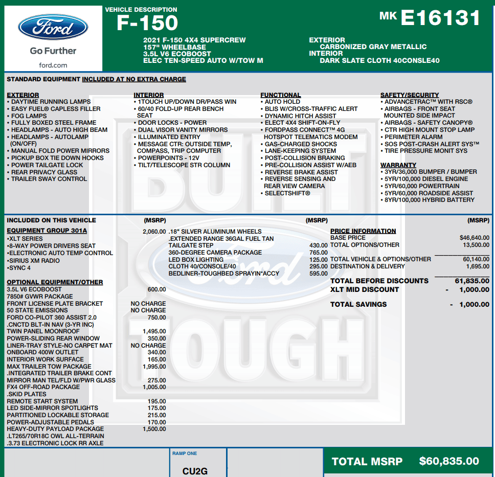 Ford F-150 Lightning 2021 F-150 Payload Stickers WindowStickerOptions
