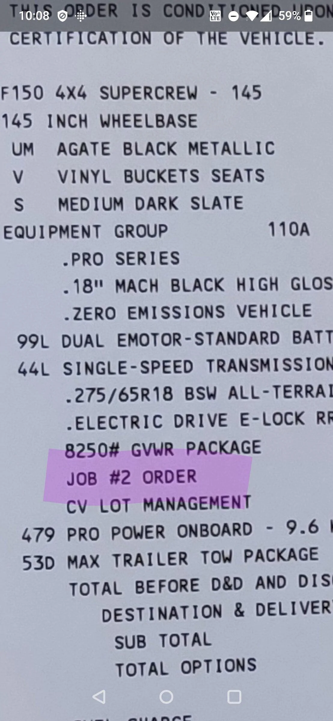 Ford F-150 Lightning "JOB #2 ORDER" on Dealer Order Receipt Acknowledgement Screenshot_20220110-220822~2
