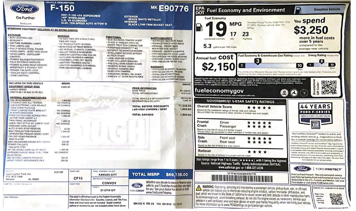 Ford F-150 Lightning FS 2021 F-150 3.5 Lariat Space White Loaded 65K 2021 F-150 window sticker