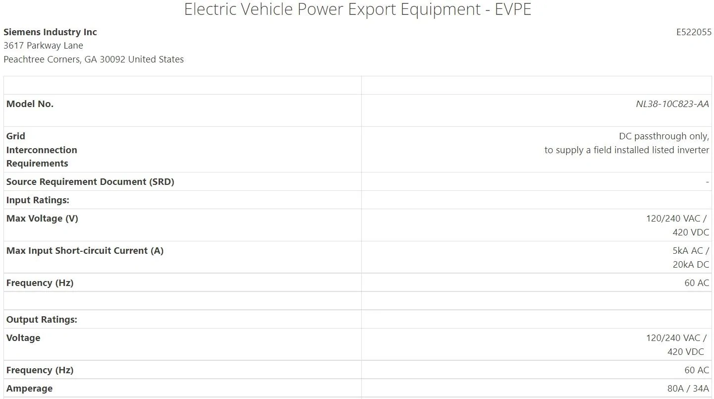 Ford F-150 Lightning Charge Station Pro - 14.3kWdc Export Capacity (and other specs) Siemens UL 1 (1)