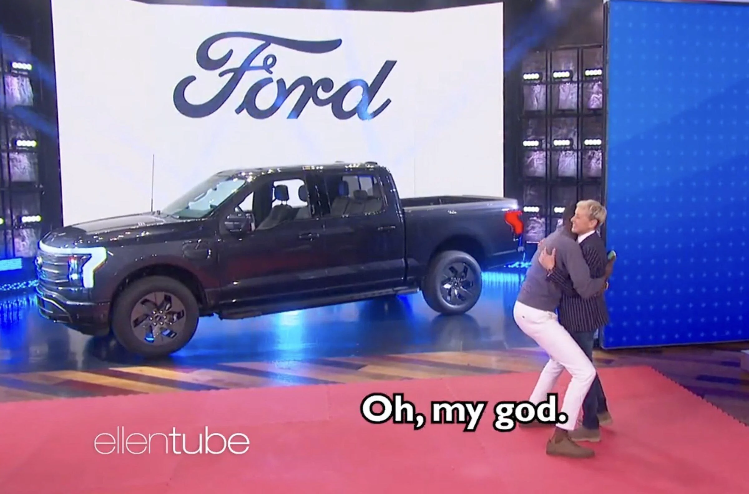 Ford F-150 Lightning Teacher surprised with F-150 Lightning on Ellen show for Teacher Appreciation Week Smoked Quartz Metallic F150 Lightning