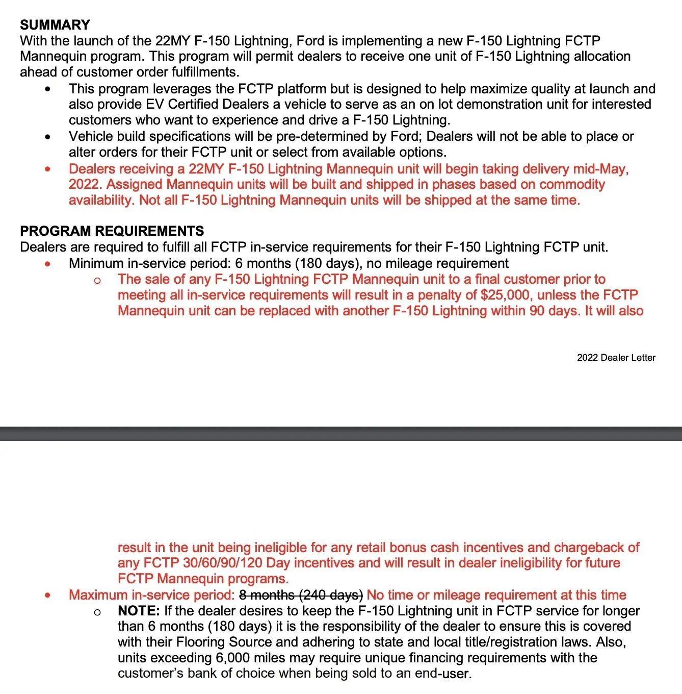 Ford F-150 Lightning Ford warns dealers: do not sell Lightning demo vehicles early or face $25K fine + other penalties F150lightning FCTP sales restriction warning